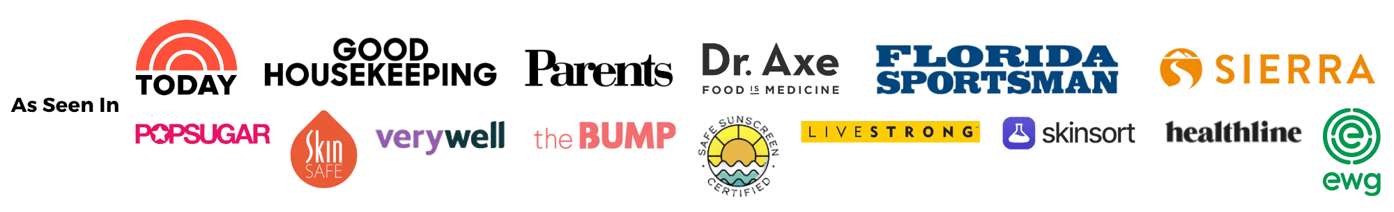 A horizontal banner featuring a list of parenting and family-oriented logos, including Today, Good Housekeeping, Parents, Dr. Axe, Florida Sportsman, Sierra, Popsugar, Skin, verywell, the BUMP, Lifesstrugs, Akinsort, healthline, and ewg.
