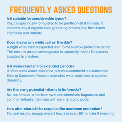 Frequently asked questions about Mineral Zinc Oxide Sunscreen, addressing skin types, white cast, water resistance, and reapplication.