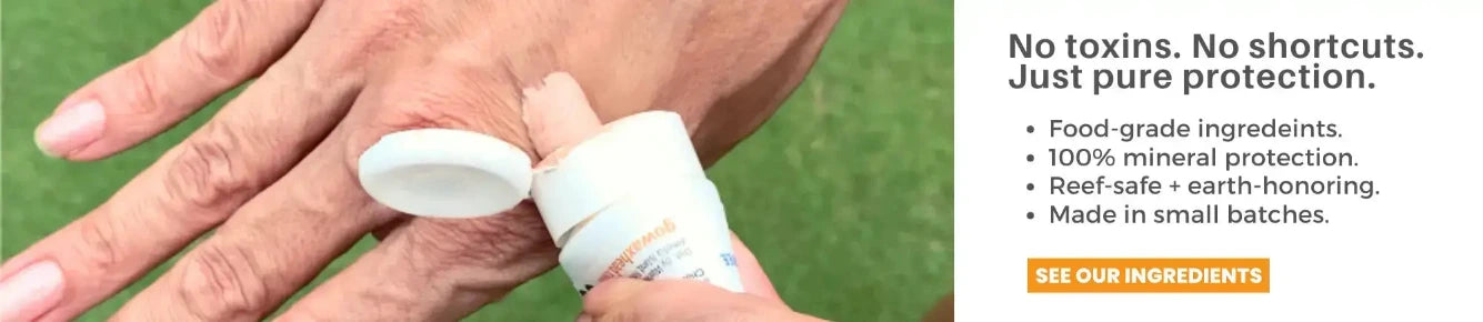 Close-up of a hand applying a white bandage or wrap to another person's finger, with text on the right describing product benefits and an orange 'See Our Ingredients' button.