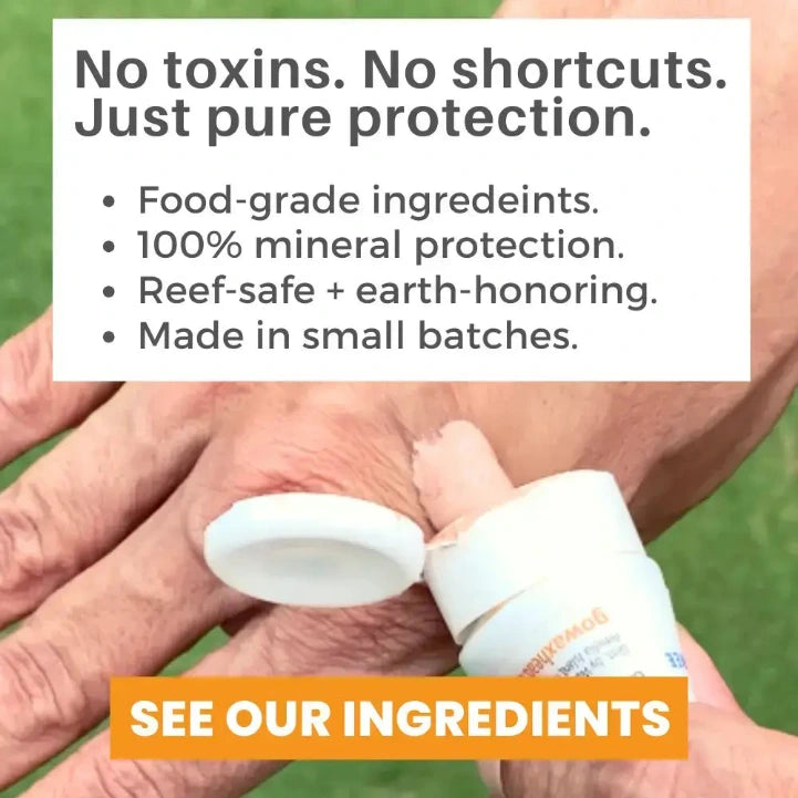 A close-up of a hand applying sunscreen from a small white tube labeled Sun Guard. Text on the image reads 'No toxins.