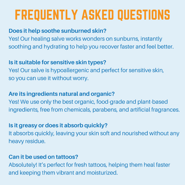Frequently asked questions about Healing Salve Shea Butter Balm addressing sunburn, sensitive skin, ingredients, absorption, and tattoo care.