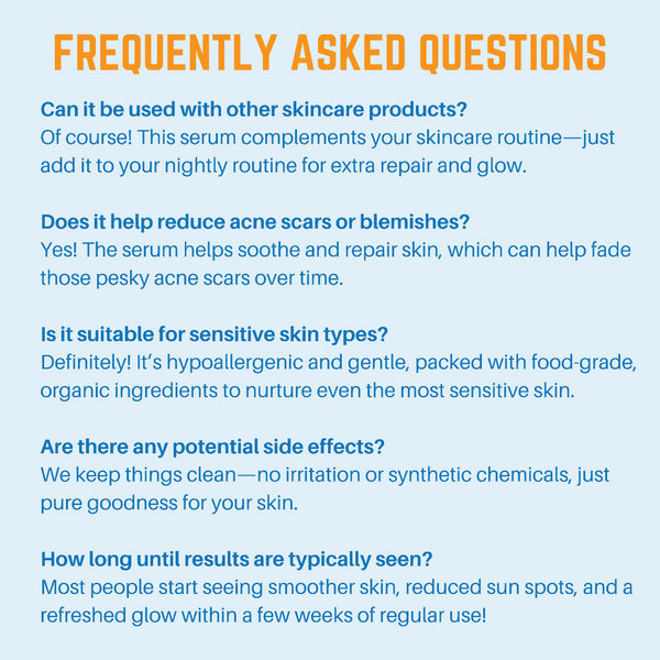 Frequently Asked Questions about Organic Rosehip Seed Oil Serum for sun-damaged skin repair.