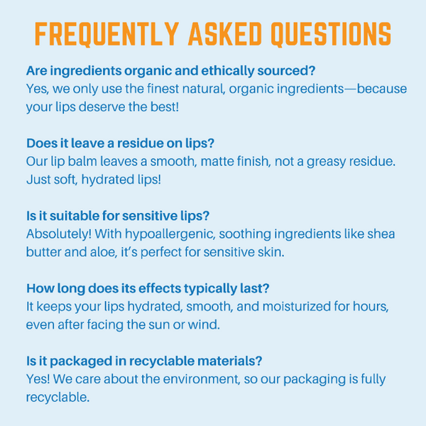 Frequently asked questions about Vanilla Healing Lip Balm, covering ingredients, effects, and packaging.
