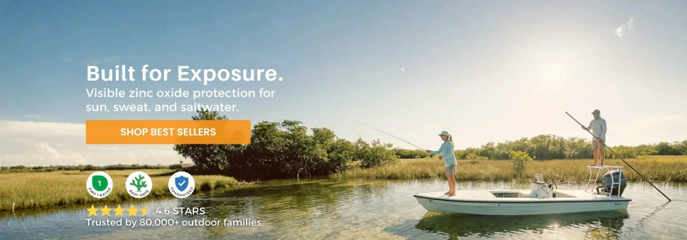 A wide outdoor fishing scene on a lake with two people standing in a small boat, alongside marketing text that reads 'Built for Exposure.' and an orange 'SHOP BEST SELLERS' button.