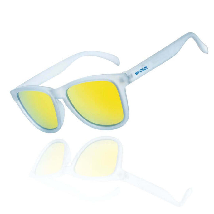 Yellow Sunglasses Polarized with frosted white frames, made from recycled ocean plastic for outdoor use.