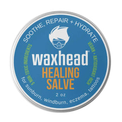 Waxhead Healing Salve Shea Butter Balm container showcasing soothing, repairing, and hydrating properties for skin care.