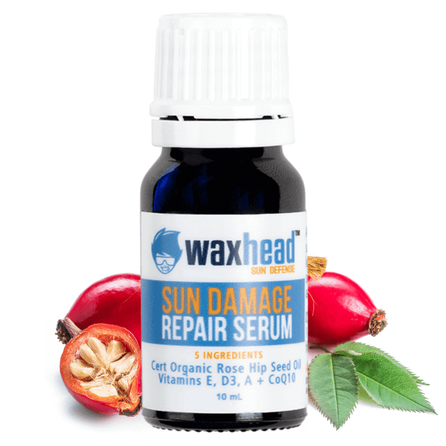 Sun Damaged Skin Repair Serum bottle with organic ingredients and vitamins for skin restoration.